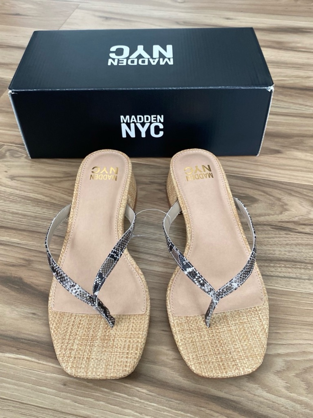 Madden NYC Women's Tan Woven Sandals with Snake-Print Straps